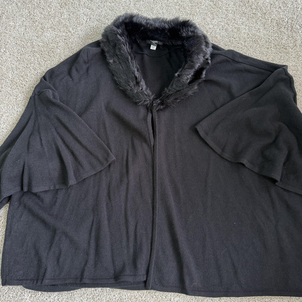 Alfani Cape Womens XL Black Knit Faux Fur Collar Open Front Kimono 3/4 Sleeve